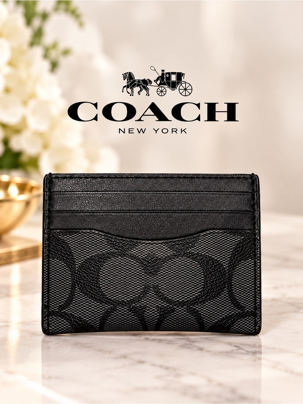Coach Slim ID Card Case Signature Canvas Charcoal Black NWT CQ031